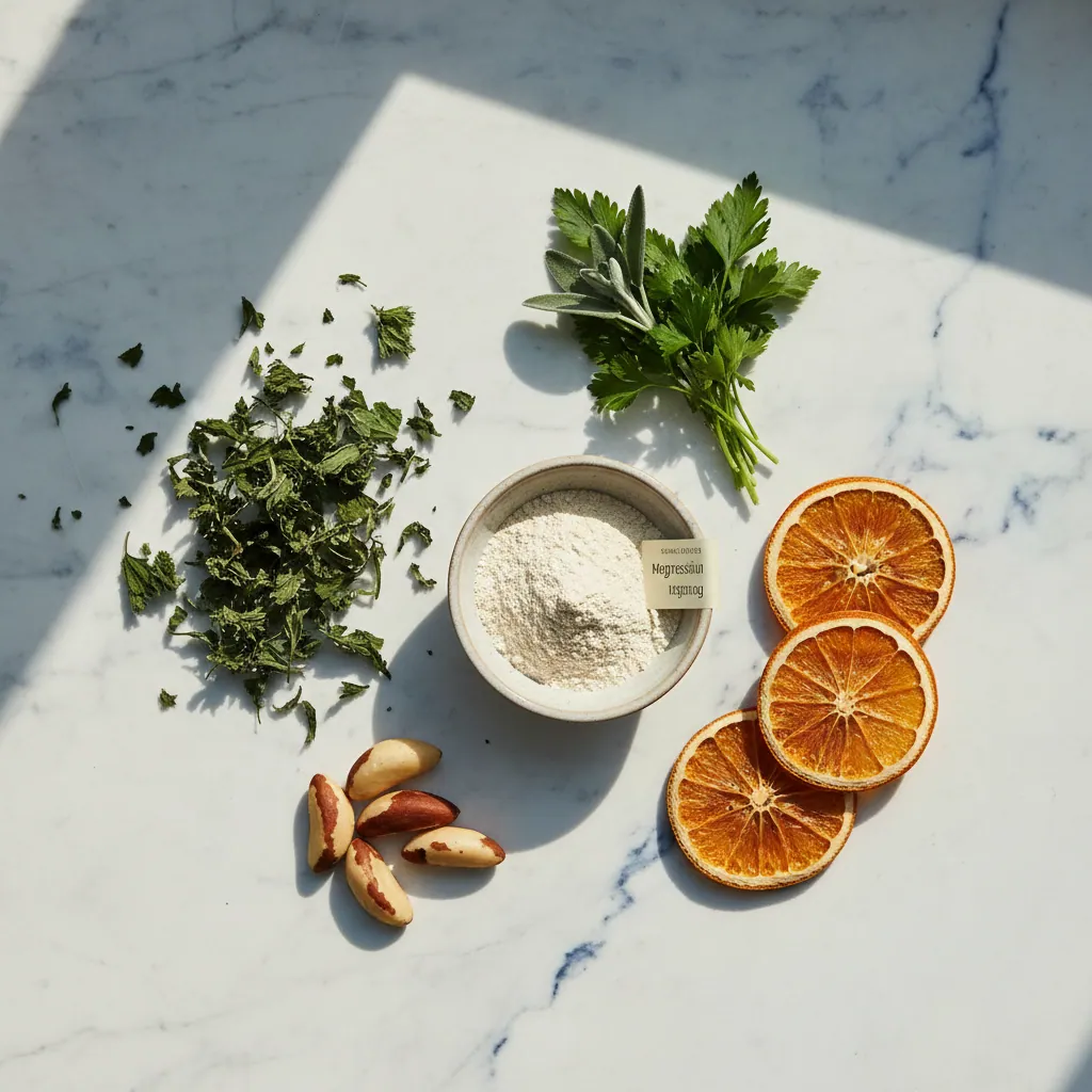 Naturliga ingredienser för kosttillskott: paranötter med selen, vitamin C-frukter och magnesiumkristaller