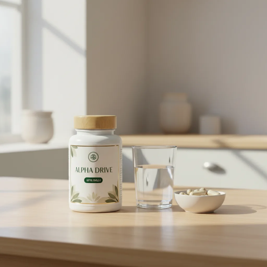 Alpha Drive burk omgiven av naturliga ingredienser - selen, magnesium och vitamin C